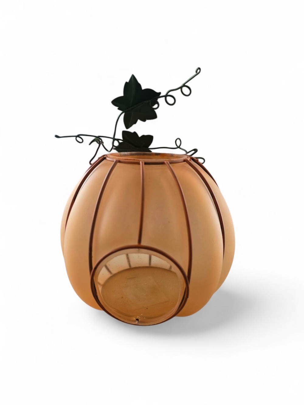 Halloween Pumpkin Candle Holder Frosted Glass Jack O Lantern Metal Vine - Picture 7 of 7